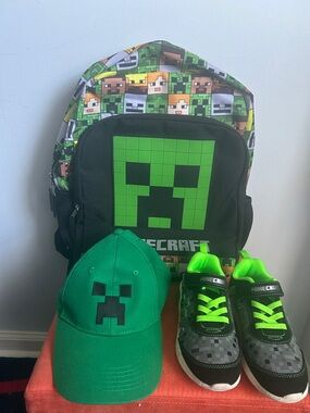 Kids Minecraft Green Creeper Backpack, Hat & Minecraft light up Sneakers Set